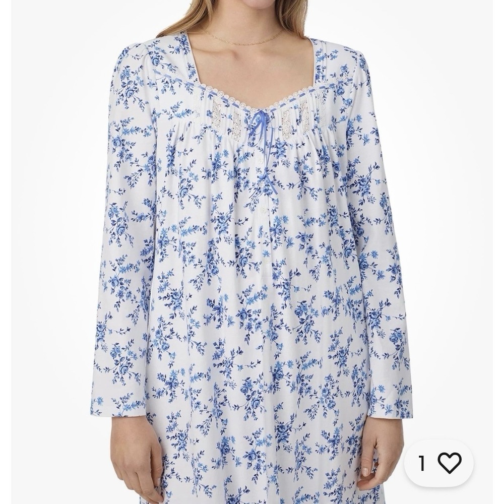 Nwt $68 Eileen West Blue/White 100% COTTON KNIT Long Sleeve Short Nightgown 3X